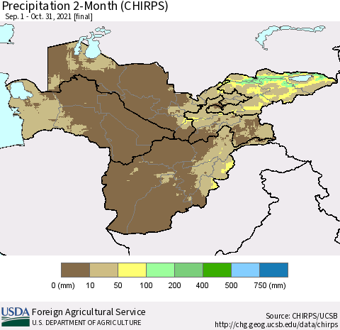 Central Asia Precipitation 2-Month (CHIRPS) Thematic Map For 9/1/2021 - 10/31/2021
