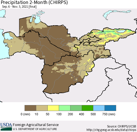 Central Asia Precipitation 2-Month (CHIRPS) Thematic Map For 9/6/2021 - 11/5/2021