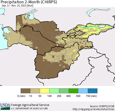 Central Asia Precipitation 2-Month (CHIRPS) Thematic Map For 9/11/2021 - 11/10/2021