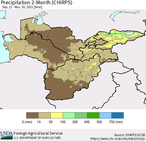 Central Asia Precipitation 2-Month (CHIRPS) Thematic Map For 9/21/2021 - 11/20/2021