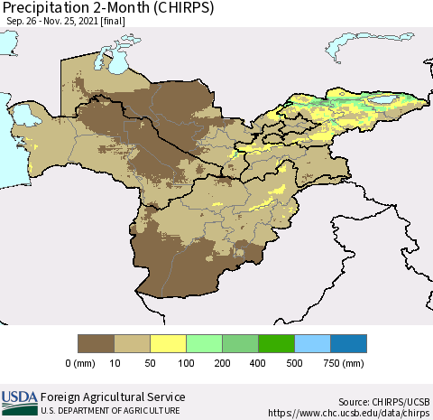 Central Asia Precipitation 2-Month (CHIRPS) Thematic Map For 9/26/2021 - 11/25/2021