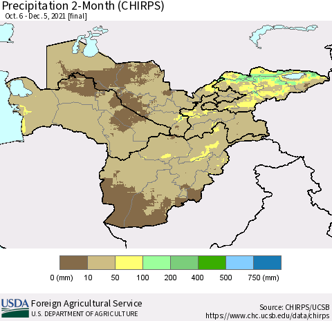 Central Asia Precipitation 2-Month (CHIRPS) Thematic Map For 10/6/2021 - 12/5/2021