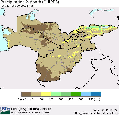 Central Asia Precipitation 2-Month (CHIRPS) Thematic Map For 10/11/2021 - 12/10/2021