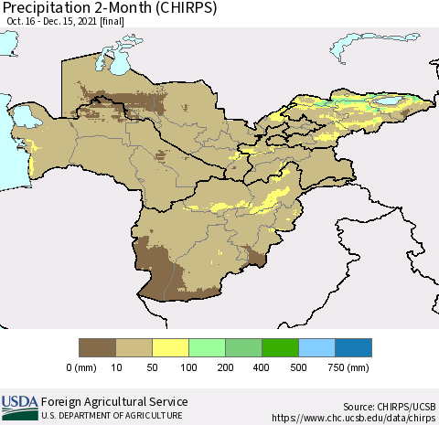 Central Asia Precipitation 2-Month (CHIRPS) Thematic Map For 10/16/2021 - 12/15/2021