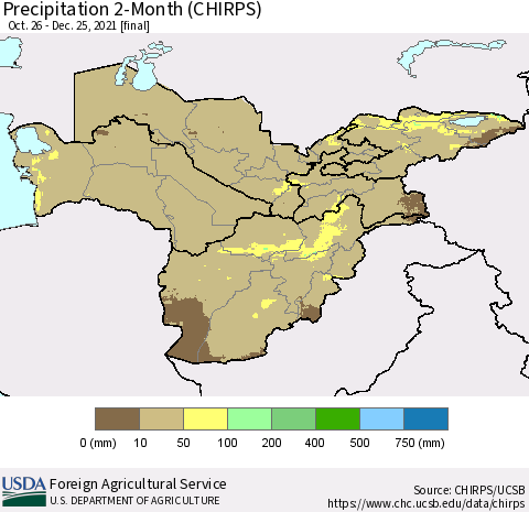 Central Asia Precipitation 2-Month (CHIRPS) Thematic Map For 10/26/2021 - 12/25/2021