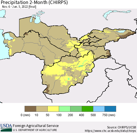 Central Asia Precipitation 2-Month (CHIRPS) Thematic Map For 11/6/2021 - 1/5/2022