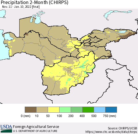 Central Asia Precipitation 2-Month (CHIRPS) Thematic Map For 11/11/2021 - 1/10/2022