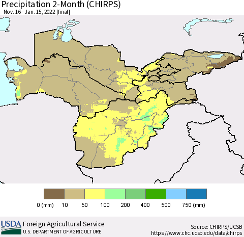 Central Asia Precipitation 2-Month (CHIRPS) Thematic Map For 11/16/2021 - 1/15/2022