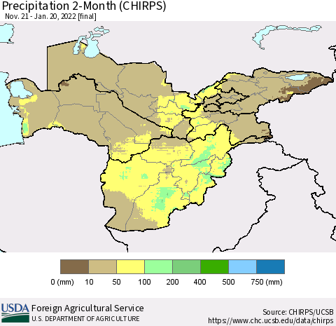 Central Asia Precipitation 2-Month (CHIRPS) Thematic Map For 11/21/2021 - 1/20/2022