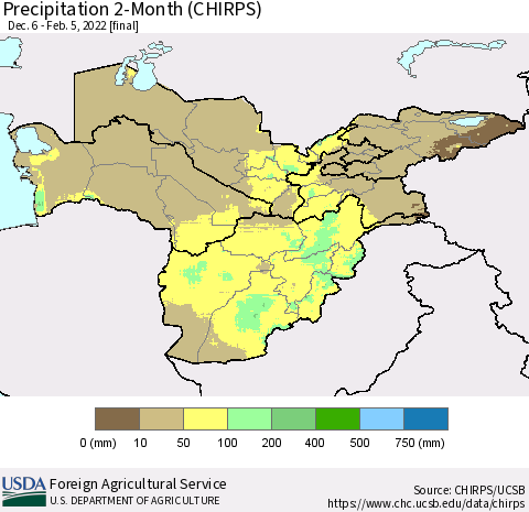 Central Asia Precipitation 2-Month (CHIRPS) Thematic Map For 12/6/2021 - 2/5/2022