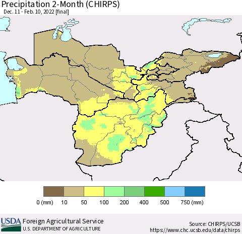 Central Asia Precipitation 2-Month (CHIRPS) Thematic Map For 12/11/2021 - 2/10/2022