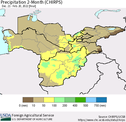 Central Asia Precipitation 2-Month (CHIRPS) Thematic Map For 12/21/2021 - 2/20/2022