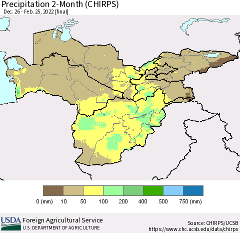 Central Asia Precipitation 2-Month (CHIRPS) Thematic Map For 12/26/2021 - 2/25/2022