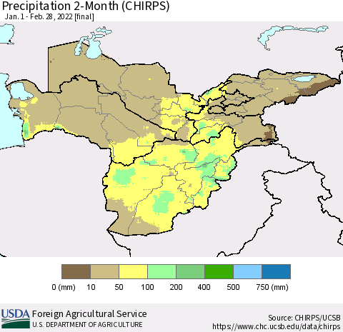 Central Asia Precipitation 2-Month (CHIRPS) Thematic Map For 1/1/2022 - 2/28/2022