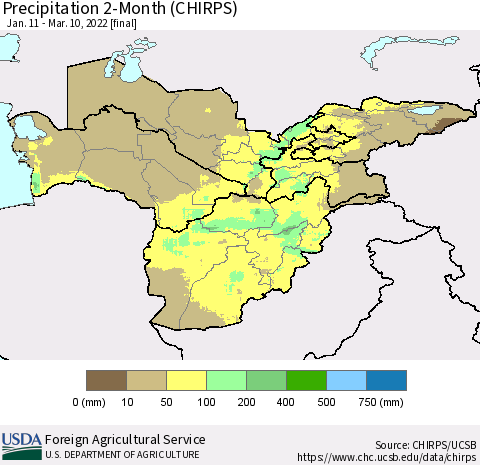 Central Asia Precipitation 2-Month (CHIRPS) Thematic Map For 1/11/2022 - 3/10/2022