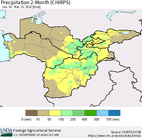 Central Asia Precipitation 2-Month (CHIRPS) Thematic Map For 1/16/2022 - 3/15/2022