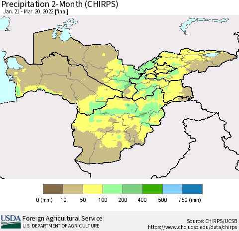 Central Asia Precipitation 2-Month (CHIRPS) Thematic Map For 1/21/2022 - 3/20/2022