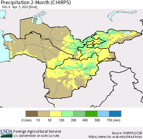 Central Asia Precipitation 2-Month (CHIRPS) Thematic Map For 2/6/2022 - 4/5/2022