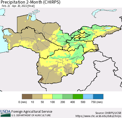 Central Asia Precipitation 2-Month (CHIRPS) Thematic Map For 2/21/2022 - 4/20/2022