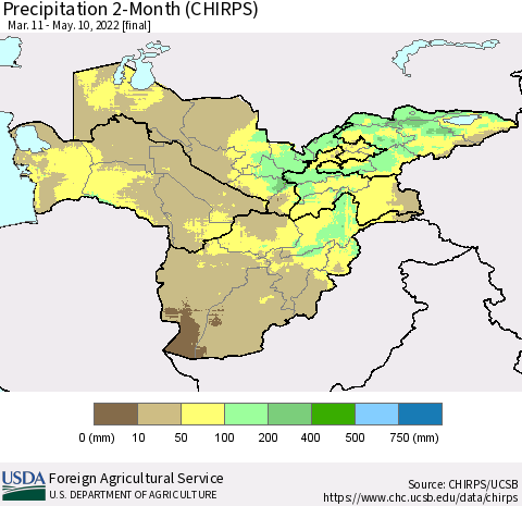 Central Asia Precipitation 2-Month (CHIRPS) Thematic Map For 3/11/2022 - 5/10/2022