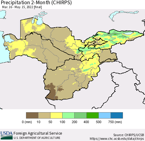 Central Asia Precipitation 2-Month (CHIRPS) Thematic Map For 3/16/2022 - 5/15/2022
