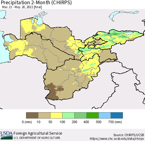 Central Asia Precipitation 2-Month (CHIRPS) Thematic Map For 3/21/2022 - 5/20/2022