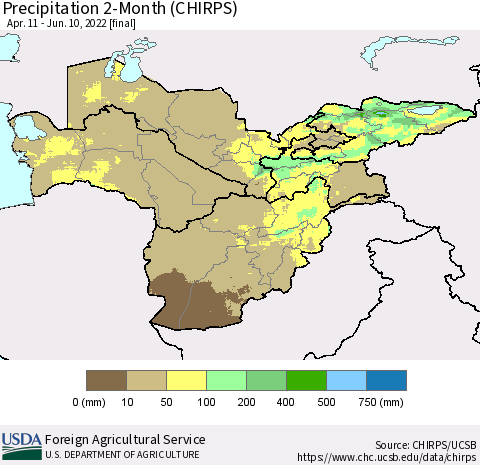 Central Asia Precipitation 2-Month (CHIRPS) Thematic Map For 4/11/2022 - 6/10/2022