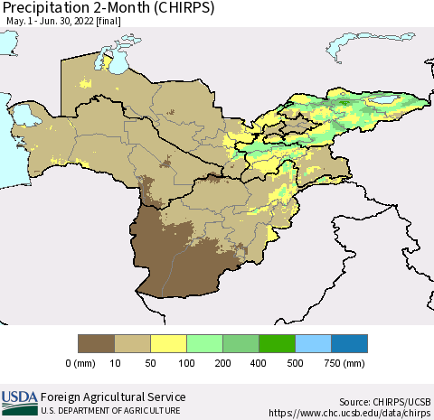Central Asia Precipitation 2-Month (CHIRPS) Thematic Map For 5/1/2022 - 6/30/2022