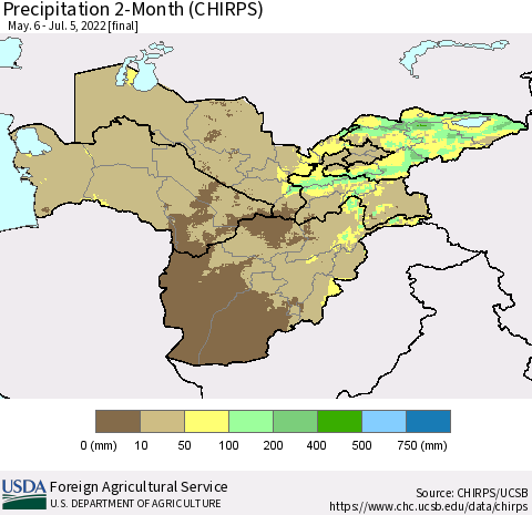 Central Asia Precipitation 2-Month (CHIRPS) Thematic Map For 5/6/2022 - 7/5/2022