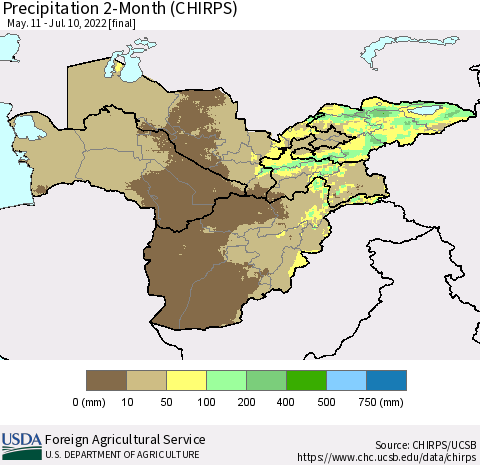 Central Asia Precipitation 2-Month (CHIRPS) Thematic Map For 5/11/2022 - 7/10/2022