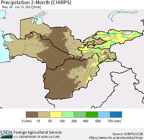 Central Asia Precipitation 2-Month (CHIRPS) Thematic Map For 5/16/2022 - 7/15/2022