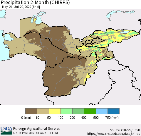 Central Asia Precipitation 2-Month (CHIRPS) Thematic Map For 5/21/2022 - 7/20/2022
