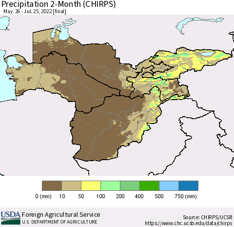 Central Asia Precipitation 2-Month (CHIRPS) Thematic Map For 5/26/2022 - 7/25/2022