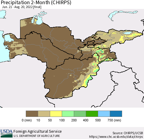 Central Asia Precipitation 2-Month (CHIRPS) Thematic Map For 6/21/2022 - 8/20/2022