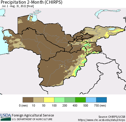 Central Asia Precipitation 2-Month (CHIRPS) Thematic Map For 7/1/2022 - 8/31/2022