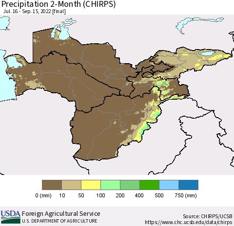 Central Asia Precipitation 2-Month (CHIRPS) Thematic Map For 7/16/2022 - 9/15/2022