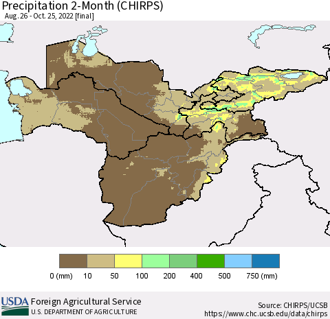 Central Asia Precipitation 2-Month (CHIRPS) Thematic Map For 8/26/2022 - 10/25/2022