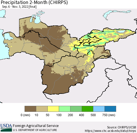 Central Asia Precipitation 2-Month (CHIRPS) Thematic Map For 9/6/2022 - 11/5/2022