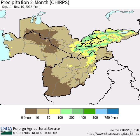 Central Asia Precipitation 2-Month (CHIRPS) Thematic Map For 9/11/2022 - 11/10/2022