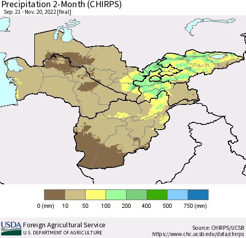Central Asia Precipitation 2-Month (CHIRPS) Thematic Map For 9/21/2022 - 11/20/2022