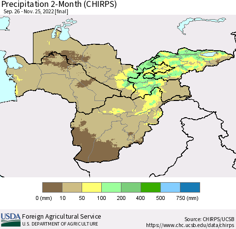 Central Asia Precipitation 2-Month (CHIRPS) Thematic Map For 9/26/2022 - 11/25/2022