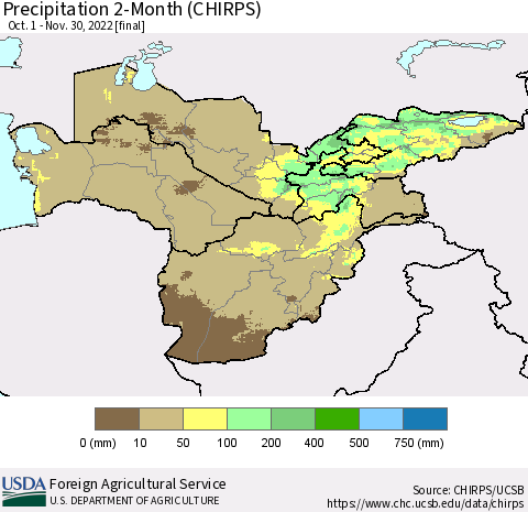 Central Asia Precipitation 2-Month (CHIRPS) Thematic Map For 10/1/2022 - 11/30/2022