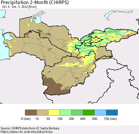 Central Asia Precipitation 2-Month (CHIRPS) Thematic Map For 10/6/2022 - 12/5/2022