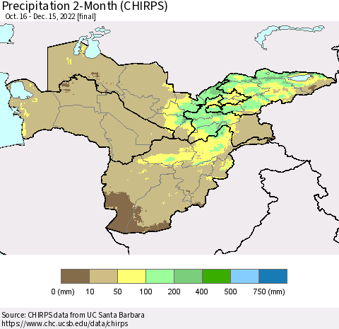 Central Asia Precipitation 2-Month (CHIRPS) Thematic Map For 10/16/2022 - 12/15/2022