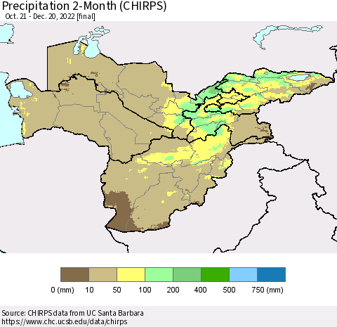 Central Asia Precipitation 2-Month (CHIRPS) Thematic Map For 10/21/2022 - 12/20/2022