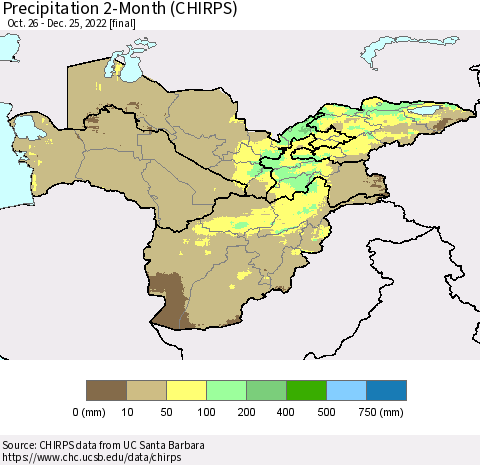 Central Asia Precipitation 2-Month (CHIRPS) Thematic Map For 10/26/2022 - 12/25/2022