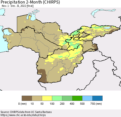 Central Asia Precipitation 2-Month (CHIRPS) Thematic Map For 11/1/2022 - 12/31/2022