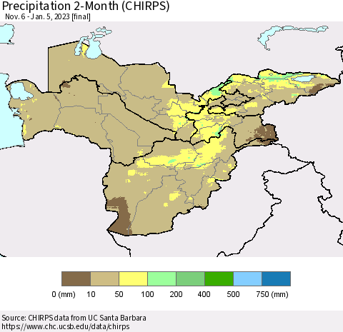 Central Asia Precipitation 2-Month (CHIRPS) Thematic Map For 11/6/2022 - 1/5/2023