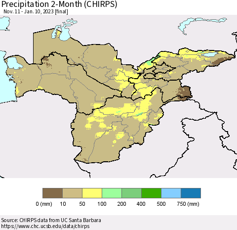 Central Asia Precipitation 2-Month (CHIRPS) Thematic Map For 11/11/2022 - 1/10/2023