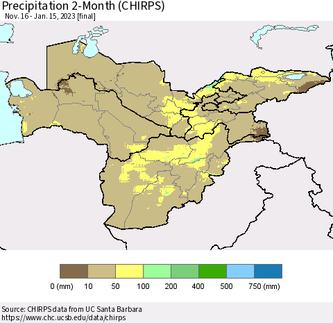 Central Asia Precipitation 2-Month (CHIRPS) Thematic Map For 11/16/2022 - 1/15/2023